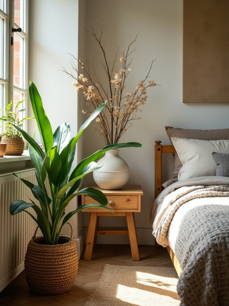 Rustic bedroom corner with potted plants in woven baskets and natural branches in a vase, bathed in soft light.