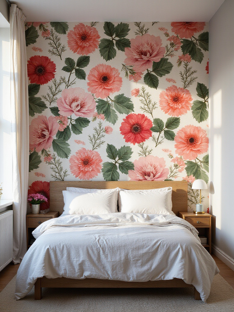 Apartment bedroom with a vibrant floral temporary wallpaper accent wall behind the bed, showcasing how peel-and-stick decor adds personality to a rental space.