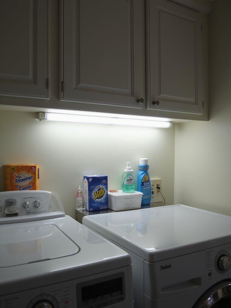 Practical LED under-cabinet task lighting in a laundry room, brightly illuminating the countertop work surface and eliminating shadows.