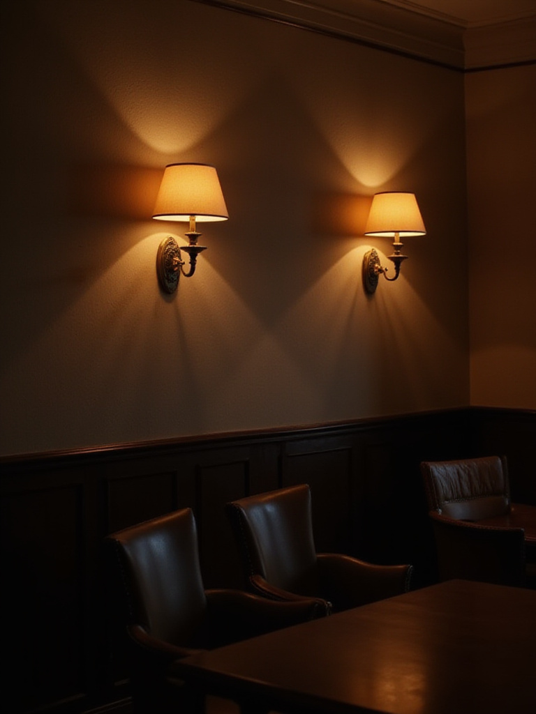 Elegant dining room wall with warm ambient light from symmetrically placed wall sconces, creating a cozy and inviting atmosphere.