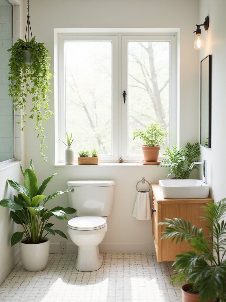 Budget-friendly bathroom renovation featuring lush green plants. A Snake Plant sits on the floor, a Pothos hangs from the ceiling, and smaller plants decorate a shelf, adding life and color to the clean tiled space.