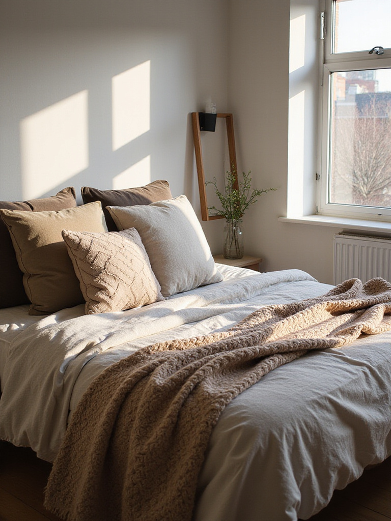 Stylish apartment bedroom bed with layered textures from throw pillows and blankets, including chunky knit, faux fur, and velvet, adding depth and coziness.