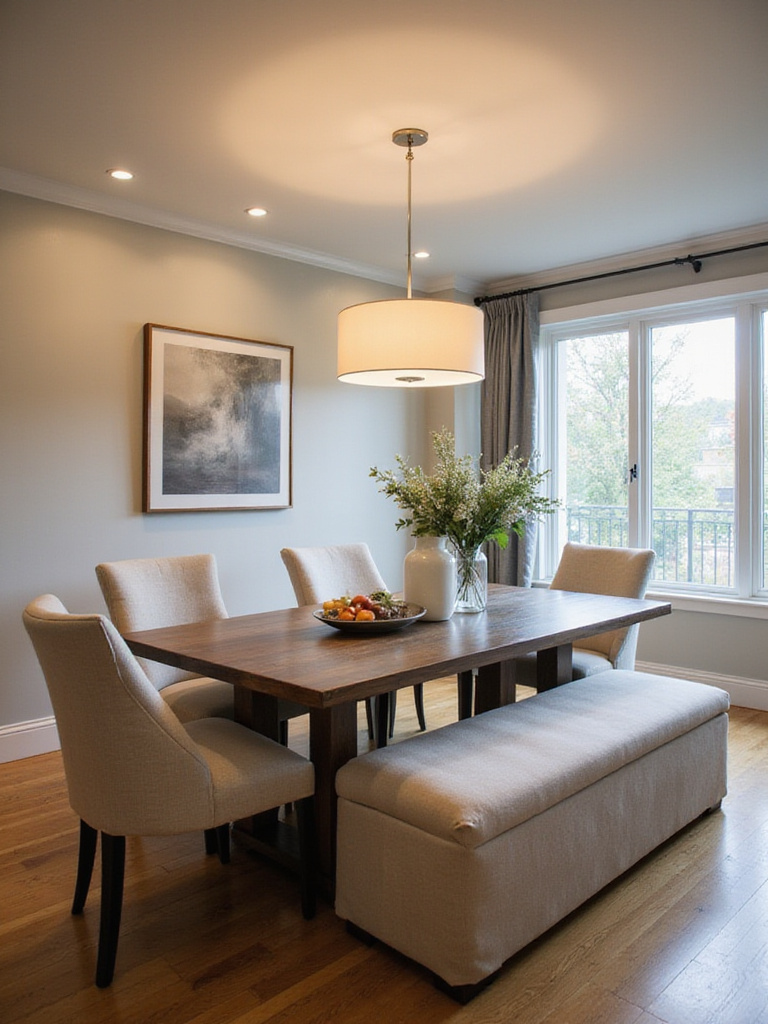 A dining room featuring a long wooden table surrounded by comfortable upholstered chairs and a matching upholstered bench, highlighting the added comfort and style.