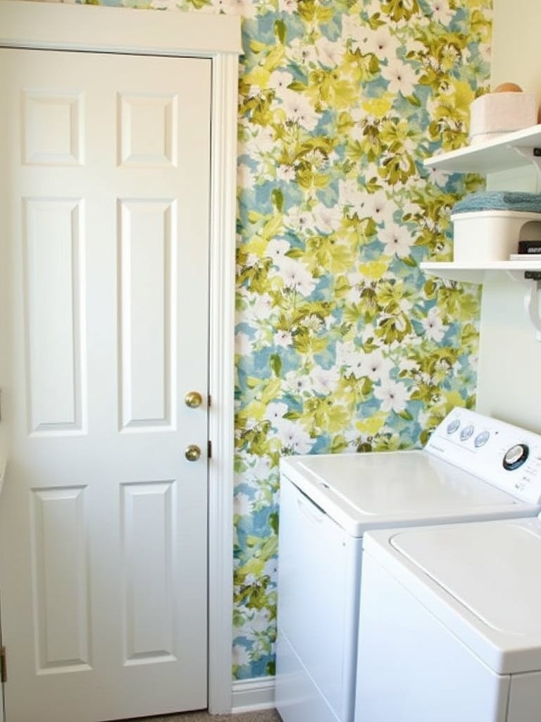 Laundry room with a patterned accent wall featuring botanical print wallpaper, adding visual interest and a focal point to the space.