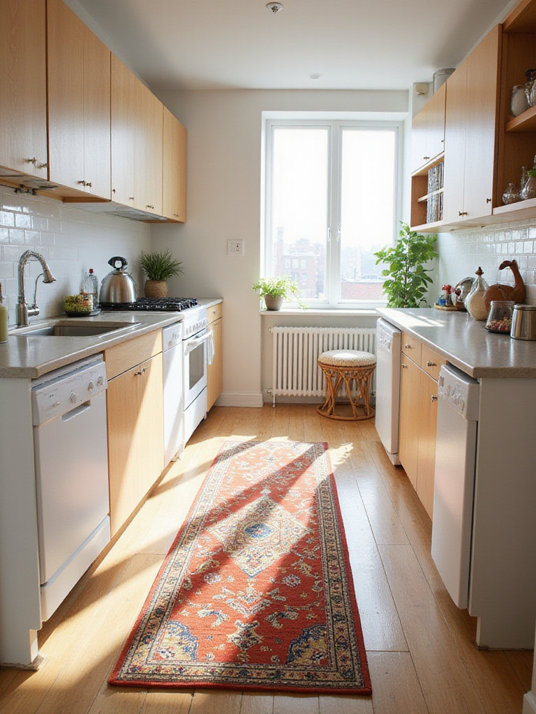 Colorful patterned runner rug adds warmth and style to a modern apartment kitchen with light wood cabinets and white countertops.