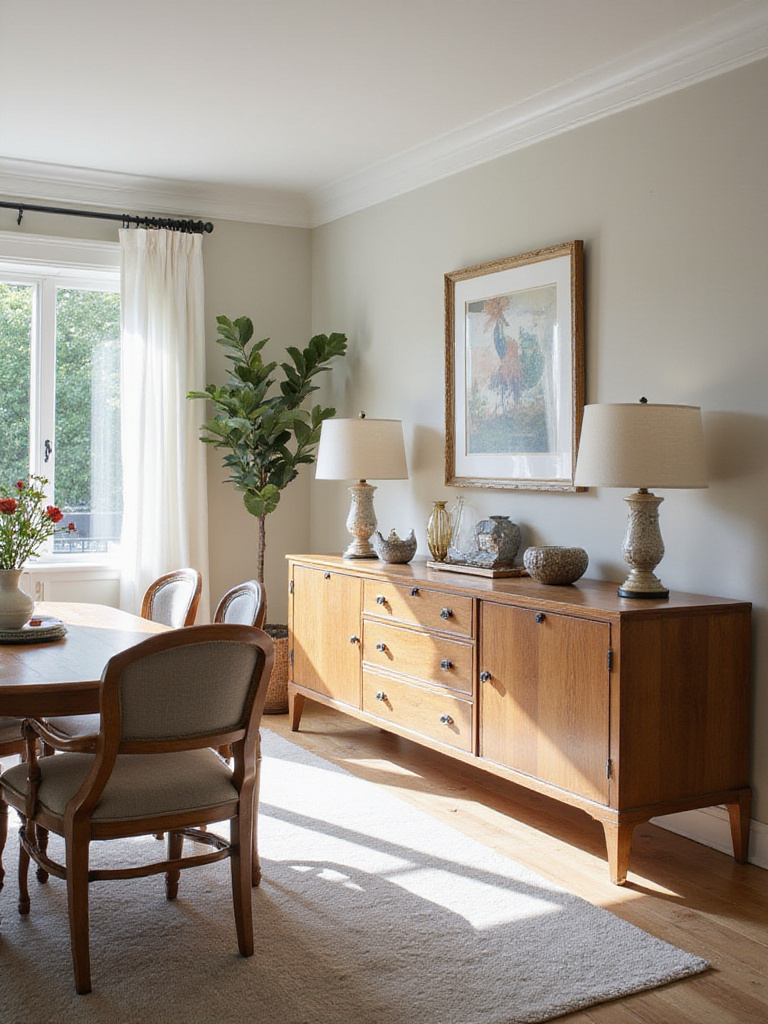 An elegant dining room featuring a functional buffet or sideboard styled with lamps, vases, and decor, providing both storage and display space.