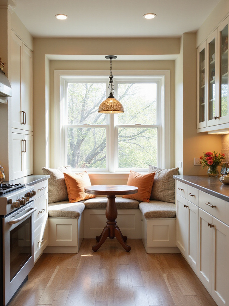 A cozy built-in banquette seating area with cushions and a round table under a large window in a bright, modern-traditional kitchen. Illustrates comfortable kitchen design with integrated seating.