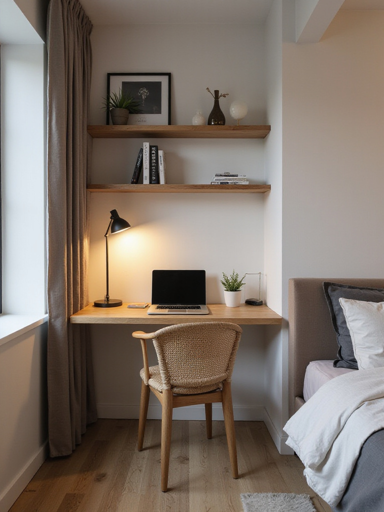 Small, stylish workspace nook in an apartment bedroom featuring a compact desk, chair, desk lamp, and wall shelves.