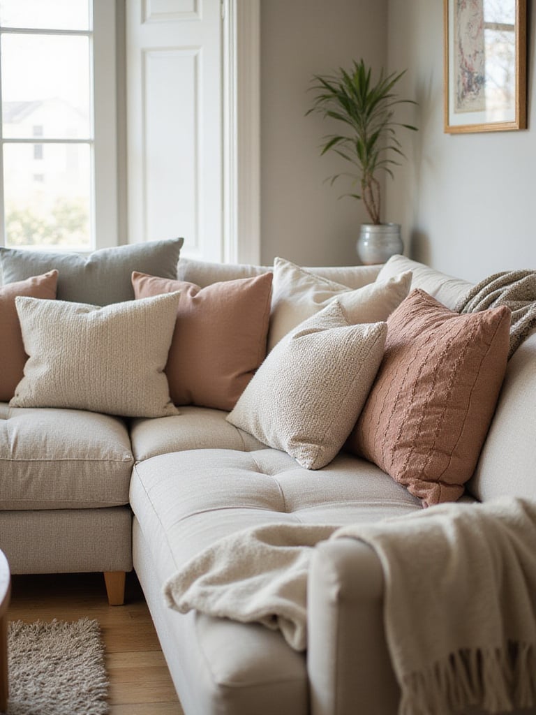 Cozy living room sofa decorated with colorful and textured decorative pillows and a soft throw blanket.