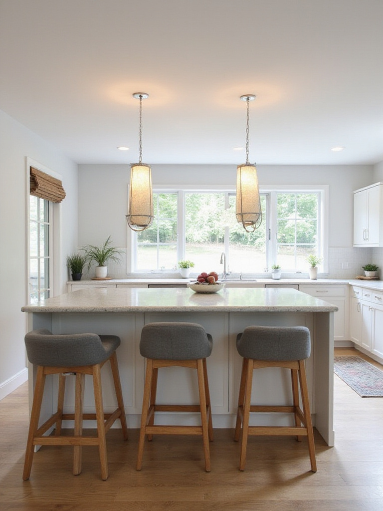 Modern kitchen island with comfortable bar stool seating.