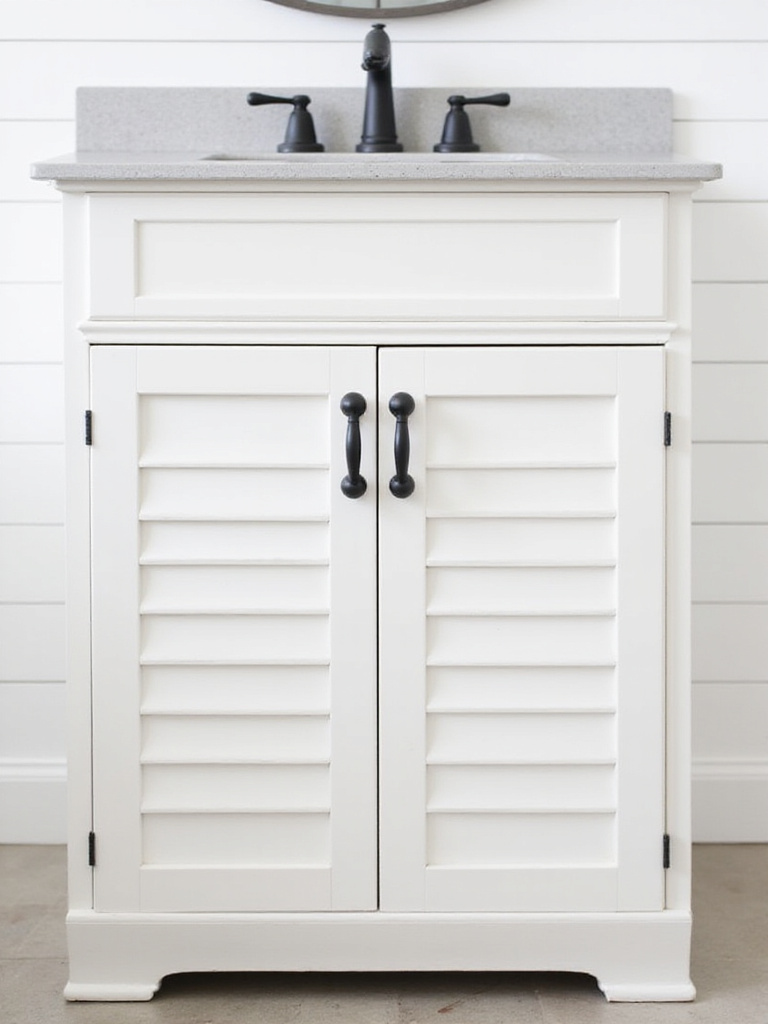 White farmhouse vanity with shiplap detailing on its cabinet doors, matching the shiplap walls behind it.