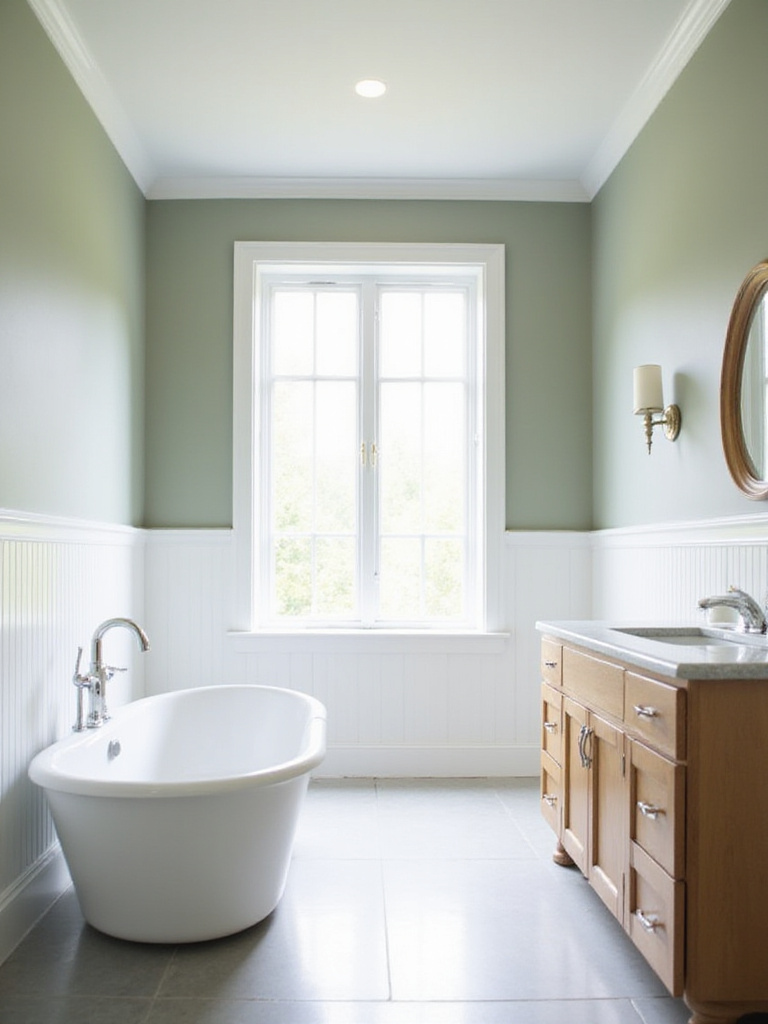 Transitional bathroom featuring subtle white beadboard wainscoting and simple crown molding, showcasing key architectural details in a balanced design.