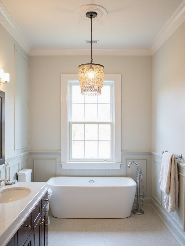 A transitional bathroom featuring a statement light fixture as the focal point, showcasing a blend of traditional and modern design elements.