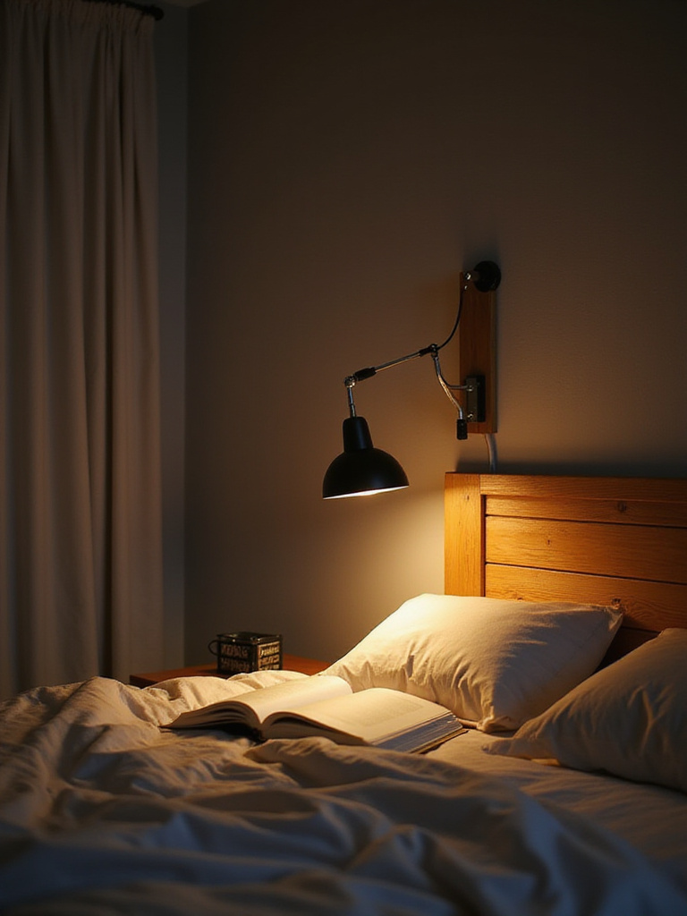 Bedroom with arm-style adjustable reading lamp providing focused light for reading.