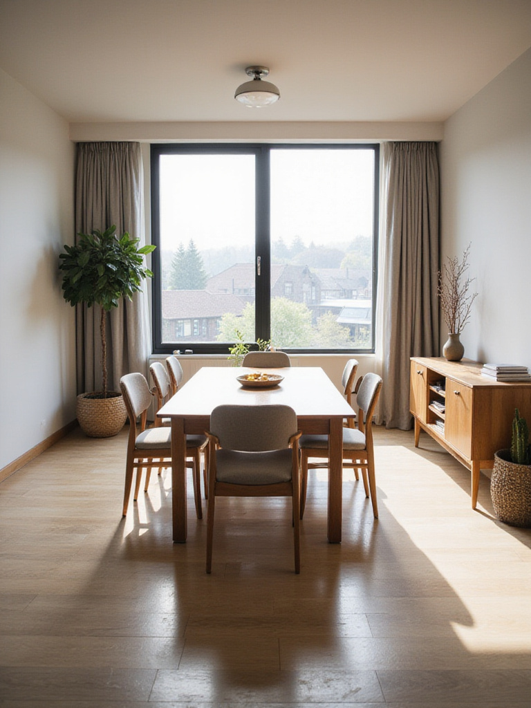 A spacious modern dining room layout featuring a wooden table and chairs with clearly visible, ample clearance behind the chairs and around the table for comfortable movement and walkways.