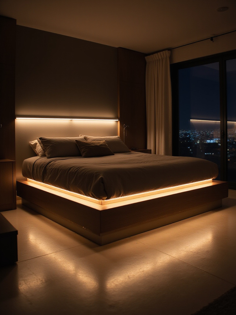 Bedroom with under-bed LED strip lights creating a floating effect