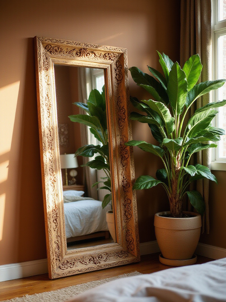 Large ornate mirror with a unique carved wooden frame leaning against a wall in a cozy boho bedroom with plants and a textured rug.