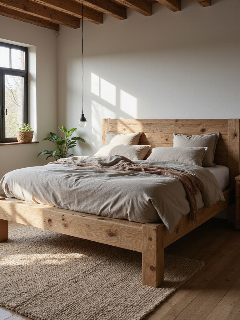 Rustic bedroom with reclaimed wood bed frame, linen bedding, and natural light. Cozy, textured decor.