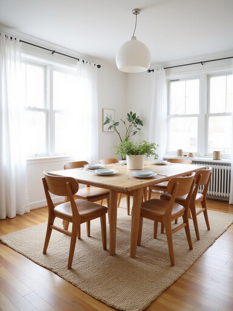 Modern dining room with a rectangular wooden table and six chairs
