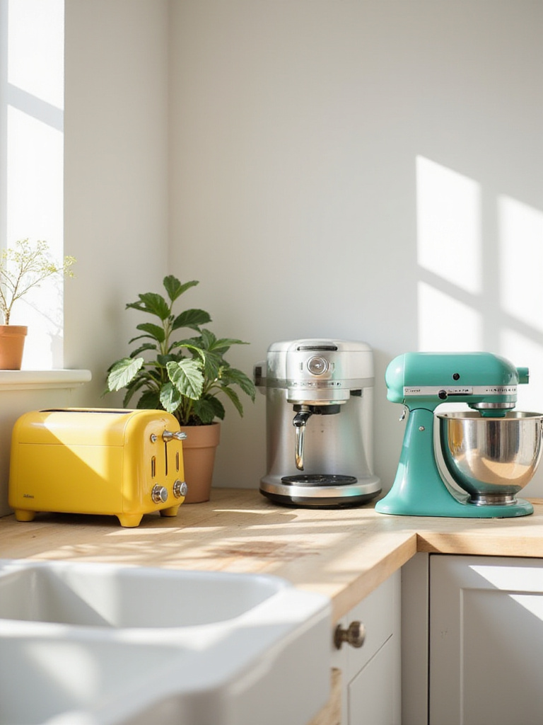 Stylish retro and modern small kitchen appliances like a toaster, coffee machine, and stand mixer arranged decoratively on an apartment kitchen counter.