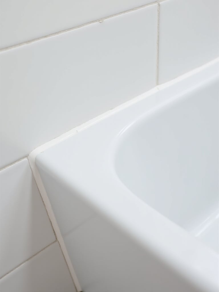 Close-up of a clean, white caulk line sealing the joint between a bathroom sink or tub and the tiled wall, illustrating a simple budget renovation step for a fresh, watertight finish.