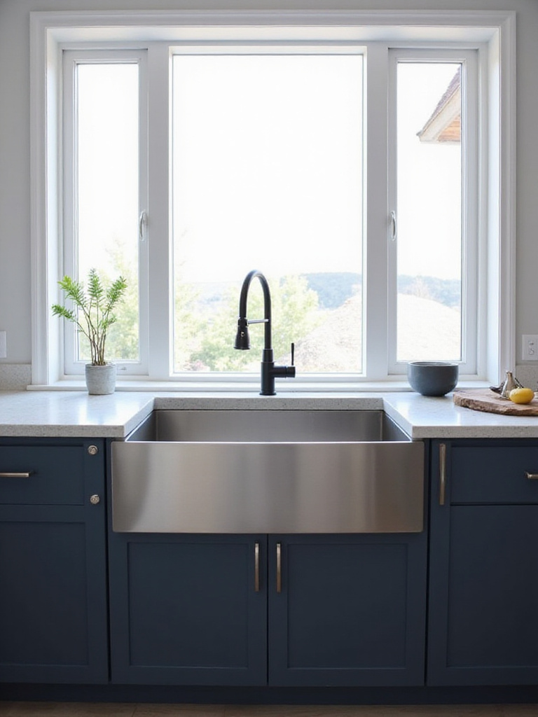 Modern kitchen featuring a brushed stainless steel apron-front sink set into a light grey quartz countertop with dark, flat-panel cabinetry. The design blends traditional farmhouse sink style with contemporary lines.