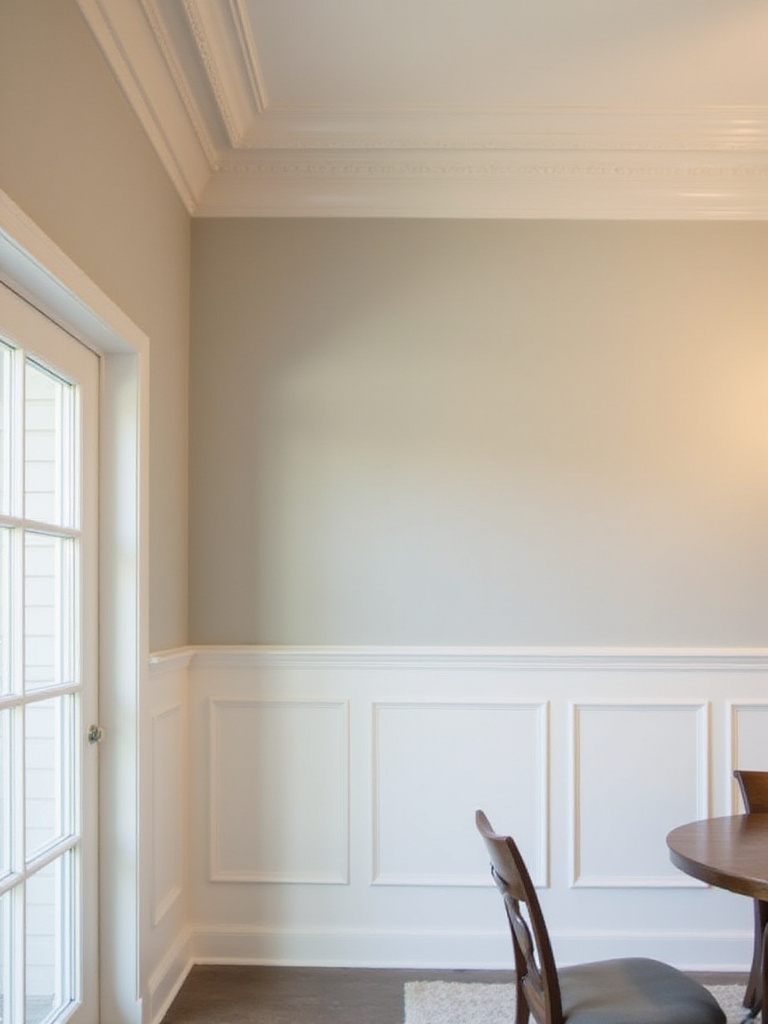 Dining room with wainscoting, picture rail, and crown molding enhancing architectural detail.