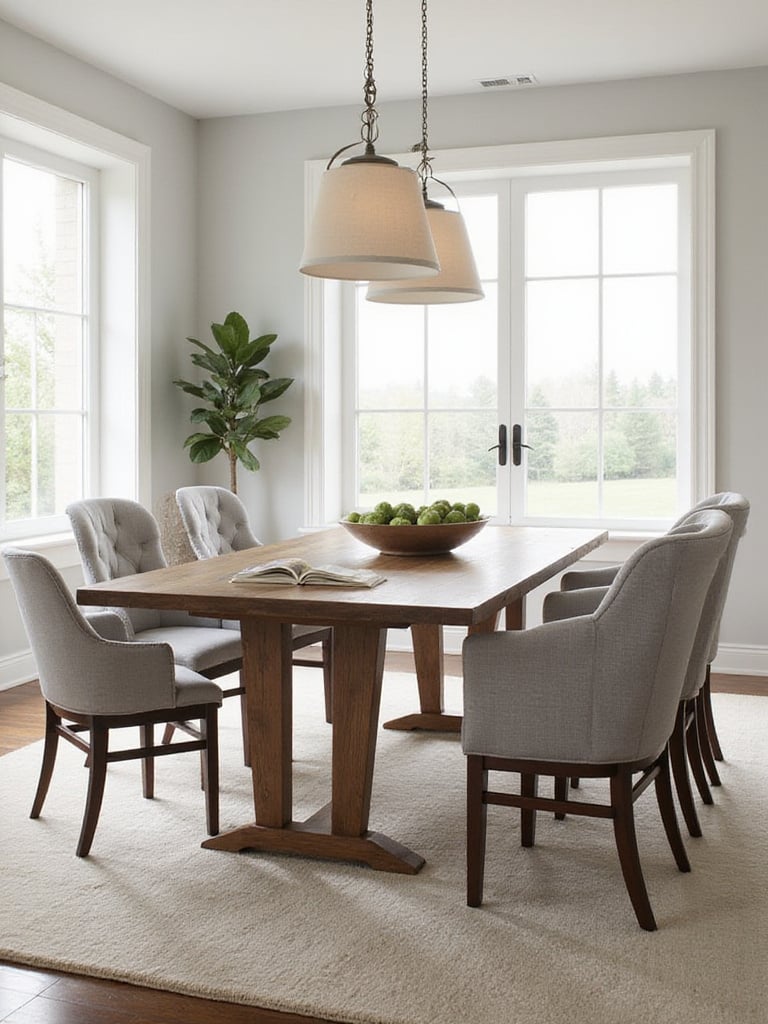 Dining room with armchairs at the head and foot of the table and side chairs along the sides.
