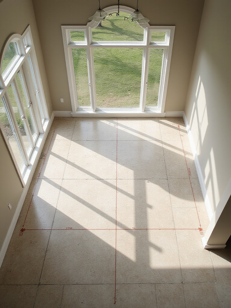 Aerial view of an empty rectangular dining room with measurement lines on the floor, illustrating the importance of assessing room size and shape before planning a layout.