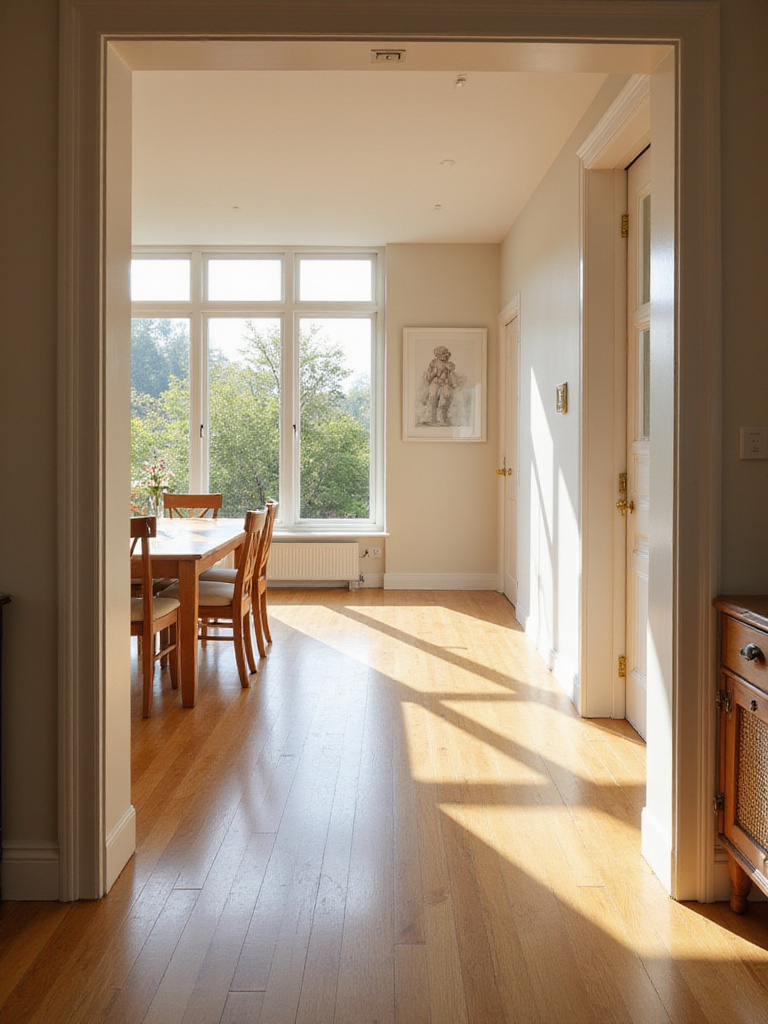 A modern dining room layout showing a rectangular table and chairs with clear, unobstructed pathways leading to and from two doorways, illustrating good room flow.