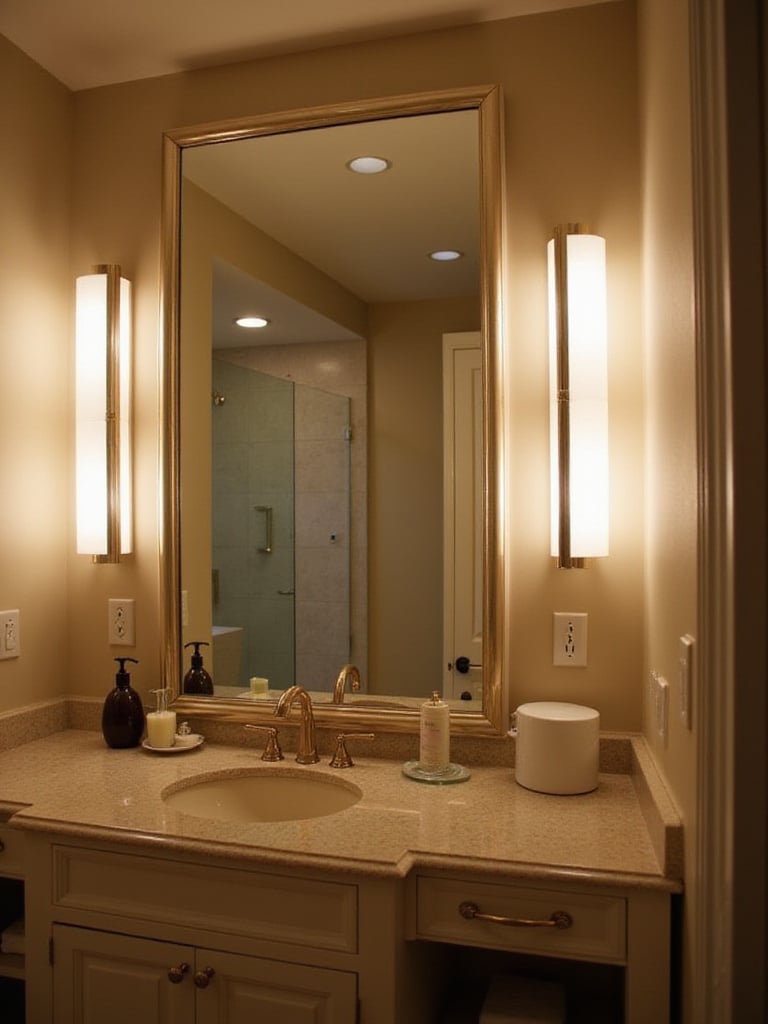 Bathroom with vertical sconces beside a mirror, showcasing ideal lighting for grooming.