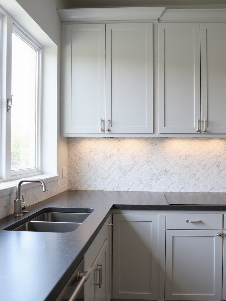 Kitchen with light gray shaker cabinets and a white marble herringbone pattern backsplash.