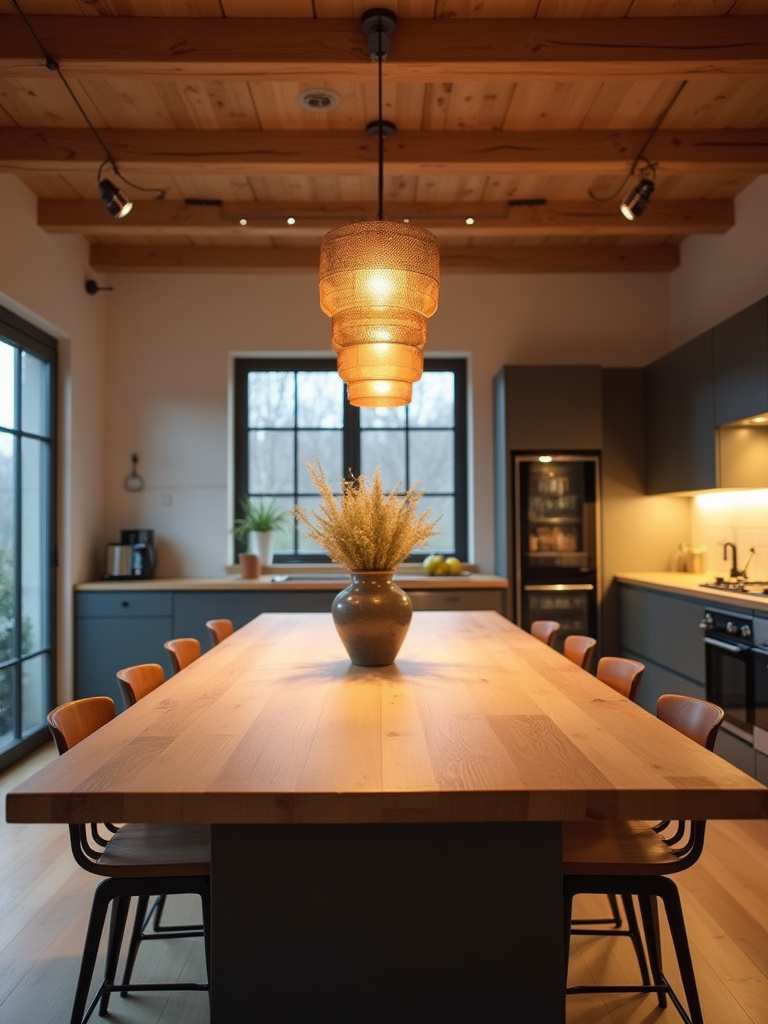 Kitchen table lighting: A modern kitchen with layered lighting, including a chandelier for ambient light and recessed lights for task lighting.