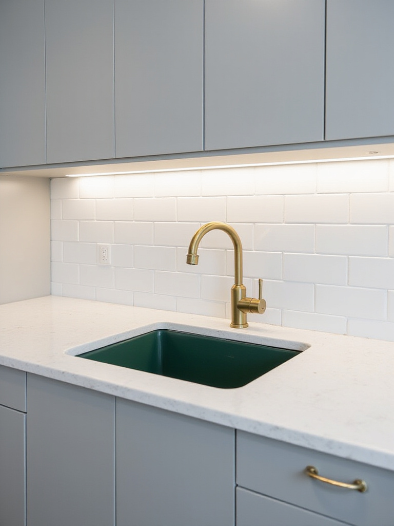 Modern kitchen with a bold forest green composite sink installed in a white quartz countertop, surrounded by light grey cabinets.