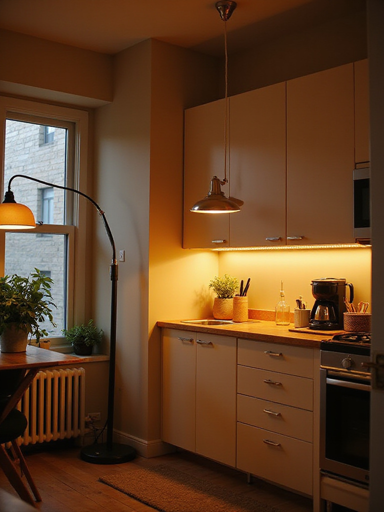 Bright apartment kitchen with layered lighting, showing under-cabinet lights, a plug-in pendant, and a floor lamp illuminating the space.