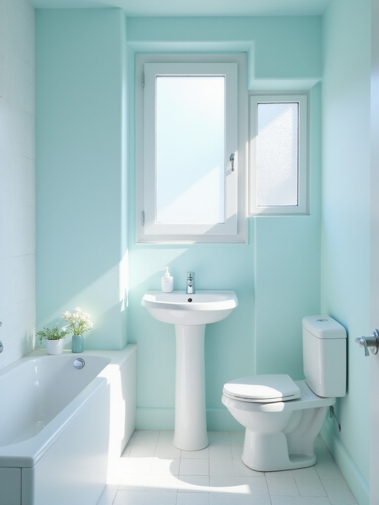 Small bathroom with light blue walls creating a bright and airy atmosphere.