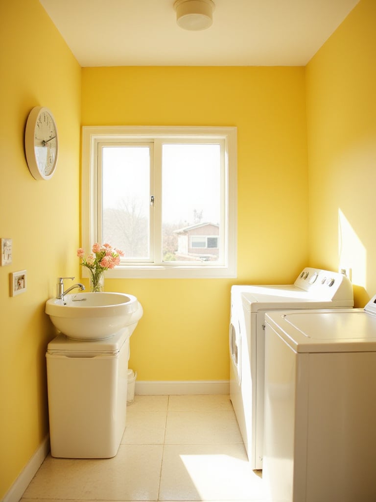 A cheerful laundry room with soft yellow painted walls, white appliances, and natural light creating a bright and welcoming atmosphere.