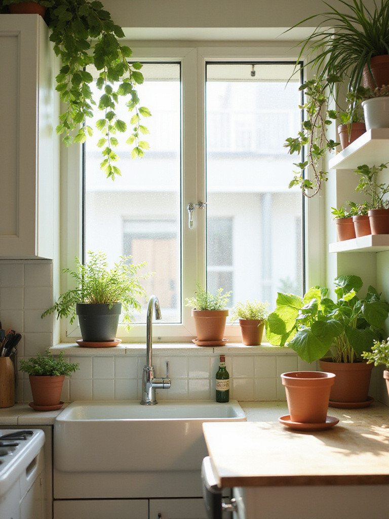 Apartment kitchen with various plants on the windowsill, shelves, and counter, showcasing how greenery enhances the space with natural light.