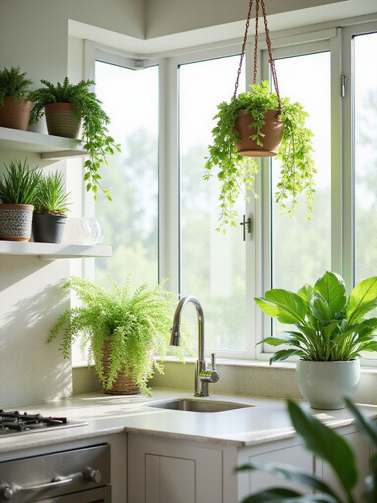 Modern kitchen interior filled with natural light and various green plants on shelves, countertops, and hanging, enhancing the space's aesthetic and air quality.