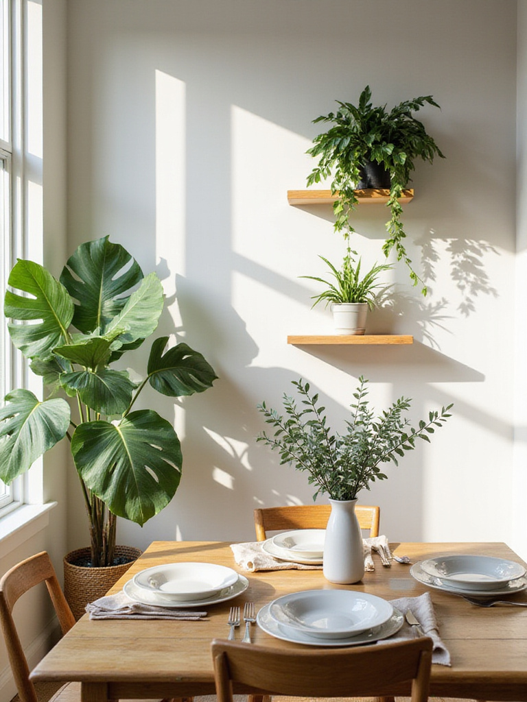 Dining room decorated with plants and greenery.