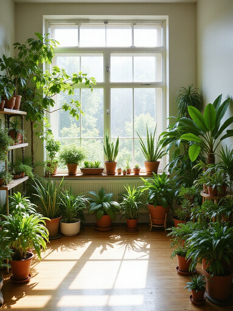 A vibrant living room interior showcasing a variety of indoor plants in decorative pots, bringing life and freshness to the space.
