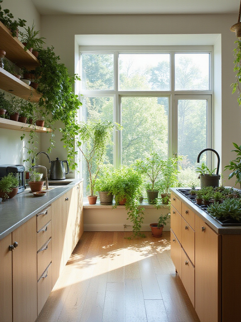Modern kitchen interior design featuring various plants and greenery.