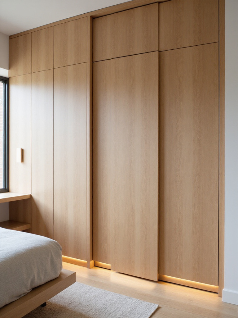 Small bedroom with custom built-in floor-to-ceiling wardrobe and desk area.
