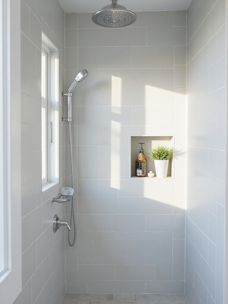 Small bathroom shower with built-in niche shelving for toiletries