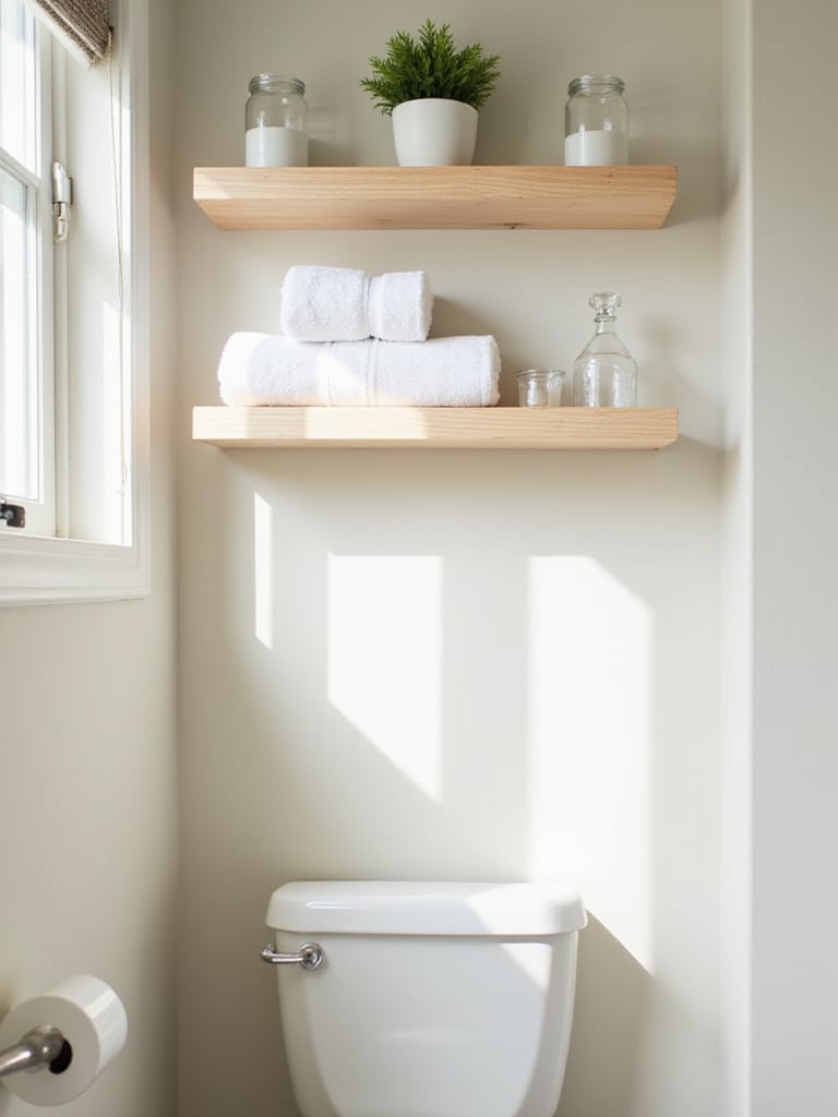 Simple DIY wood shelves installed above a toilet in a budget-friendly bathroom, holding towels, plants, and decor.