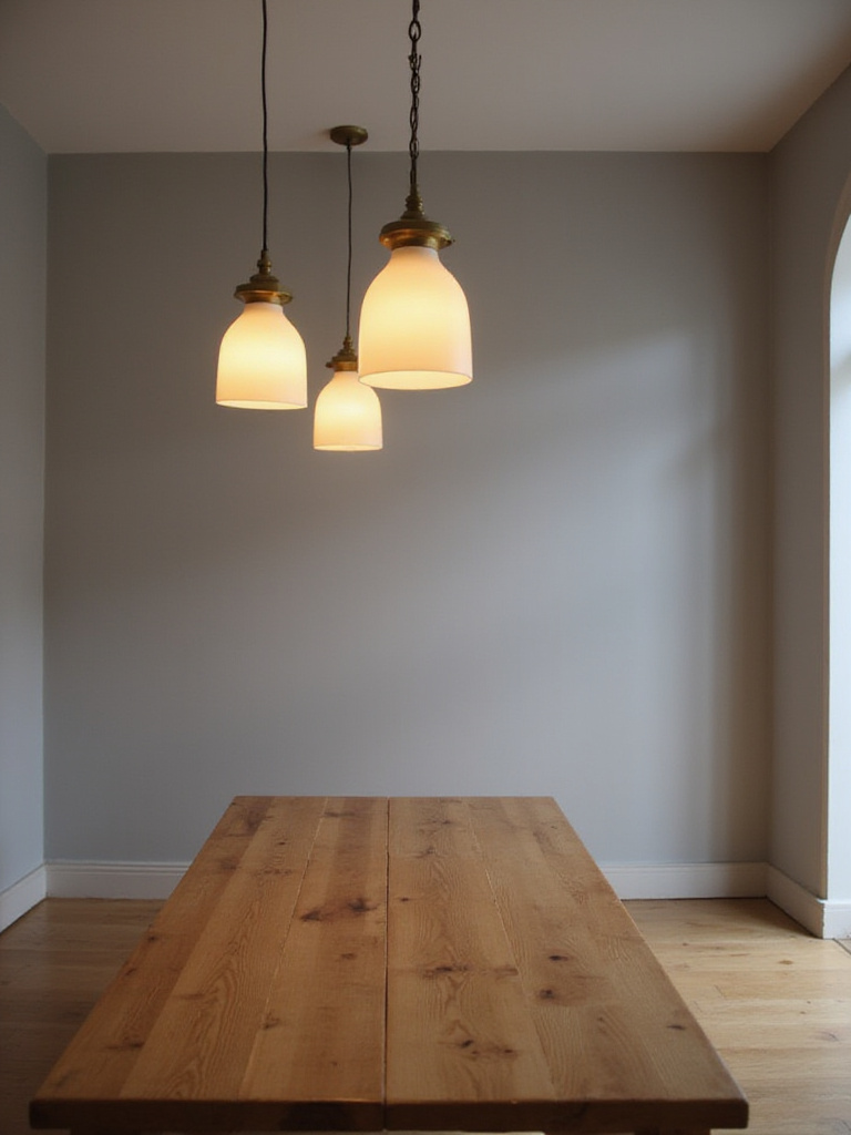Kitchen dining table illuminated by two pendant lights, showcasing balanced and warm lighting.
