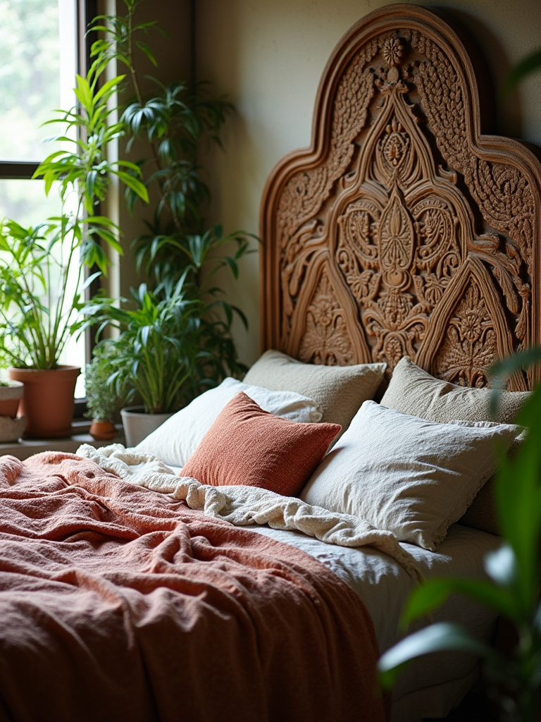 Boho bedroom with a large, detailed carved wood headboard, layered bedding, numerous plants, and natural light creating a dreamy, eclectic atmosphere.