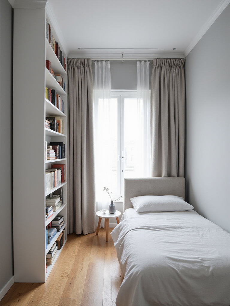 Small bedroom with tall bookshelf, floor-to-ceiling curtains, and tall headboard to create the illusion of height.