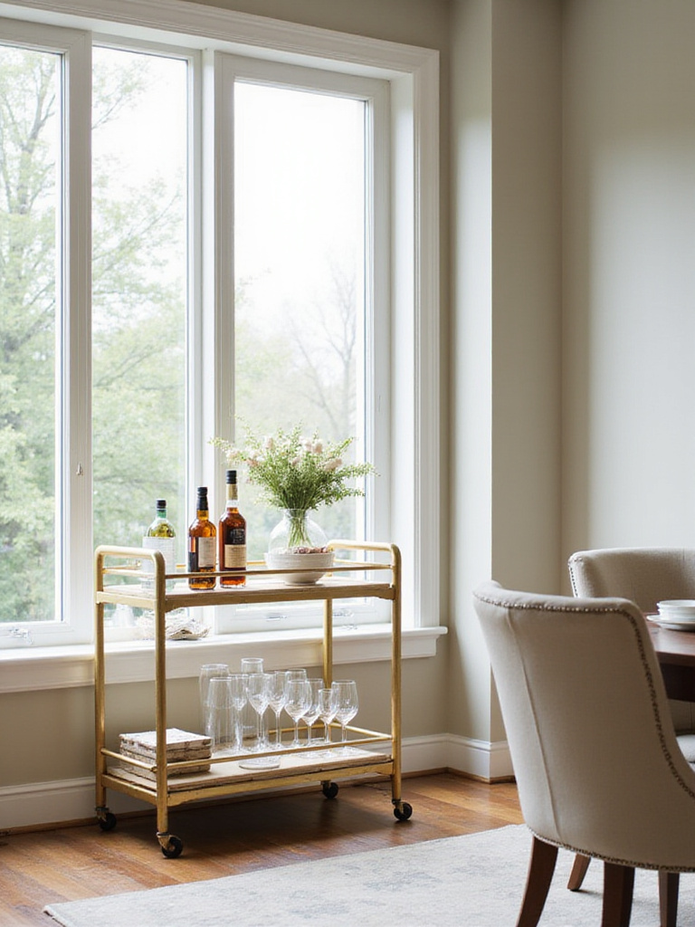 Chic gold bar cart in modern dining room with glassware and liquor.