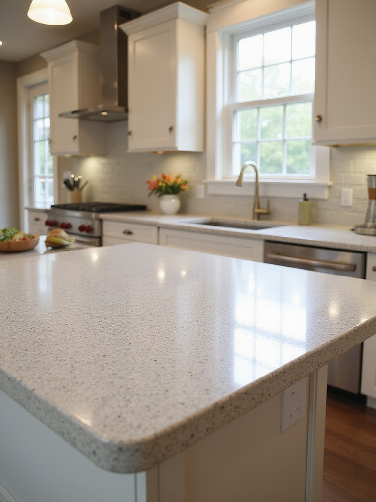 A stunning kitchen featuring a durable quartz countertop with natural lighting.